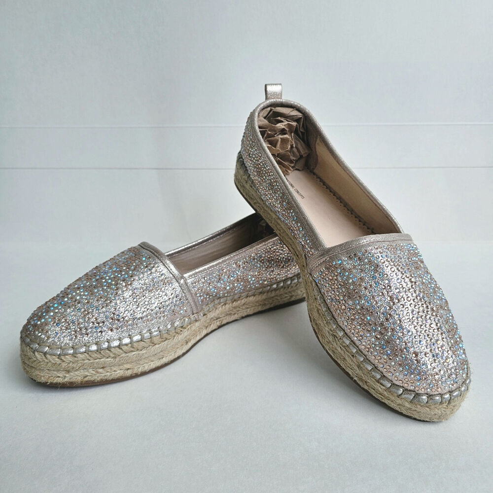 INC Espadrille Flats Rhinestone Caleyy Size 9 Metallic Tan Sparkle Slip On Shoes